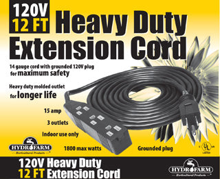 Hydrofarm Extension Cord, 120v, 12ft