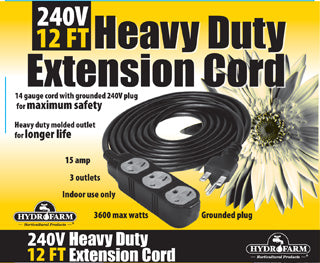 Hydrofarm Extension Cord, 240v 12ft